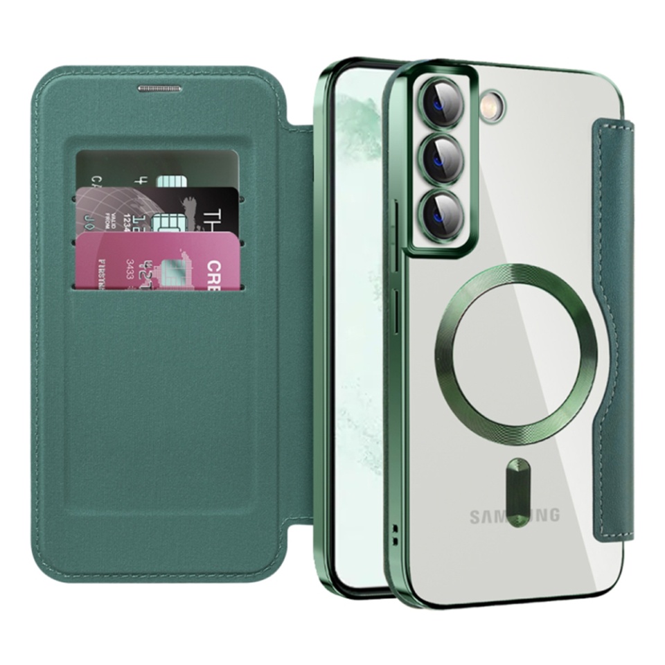 Husa pentru Samsung Galaxy S22 Plus 5G tip carte, SKYDDAR INOVATION, SmartMag Book, Magsafe, RFiD, Suport Carduri, set cu sticker, Verde