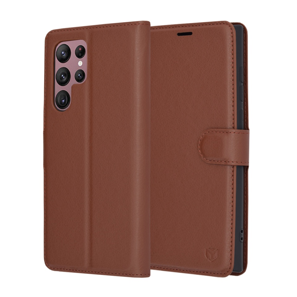 Husa pentru Samsung Galaxy S22 Ultra 5G, SKYDDAR INNOVATION, Leather Folio tip Carte, cu Portofel Interior, Finisaje Premium, set cu sticker, Maro