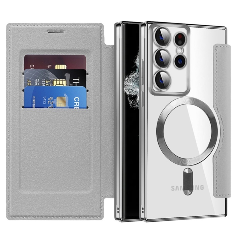 Husa pentru Samsung Galaxy S22 Ultra 5G tip carte, SKYDDAR INOVATION, SmartMag Book, Magsafe, RFiD, Suport Carduri, set cu sticker, Gri