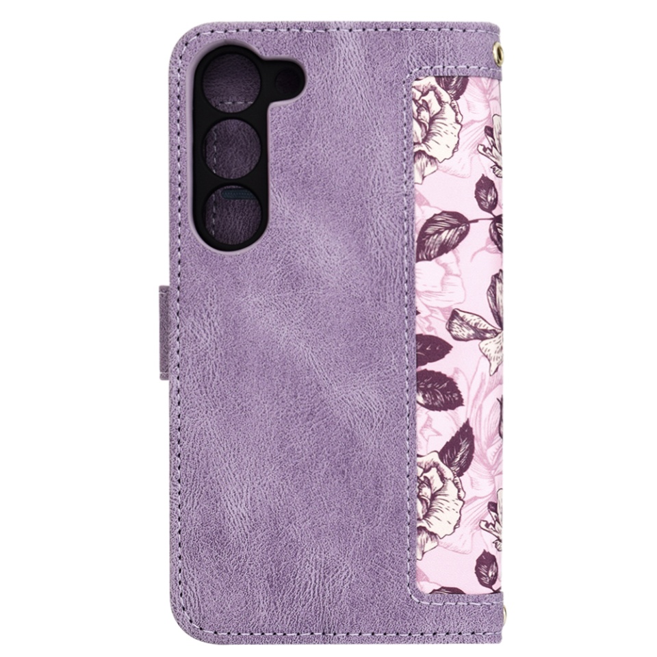 Husa pentru Samsung Galaxy S23 din Piele Ecologică cu Design Floral, Protecție 360°, Stand Integrat, Buzunare pentru Carduri, SKDR Floral Wallet - Mov - 2 | YEO