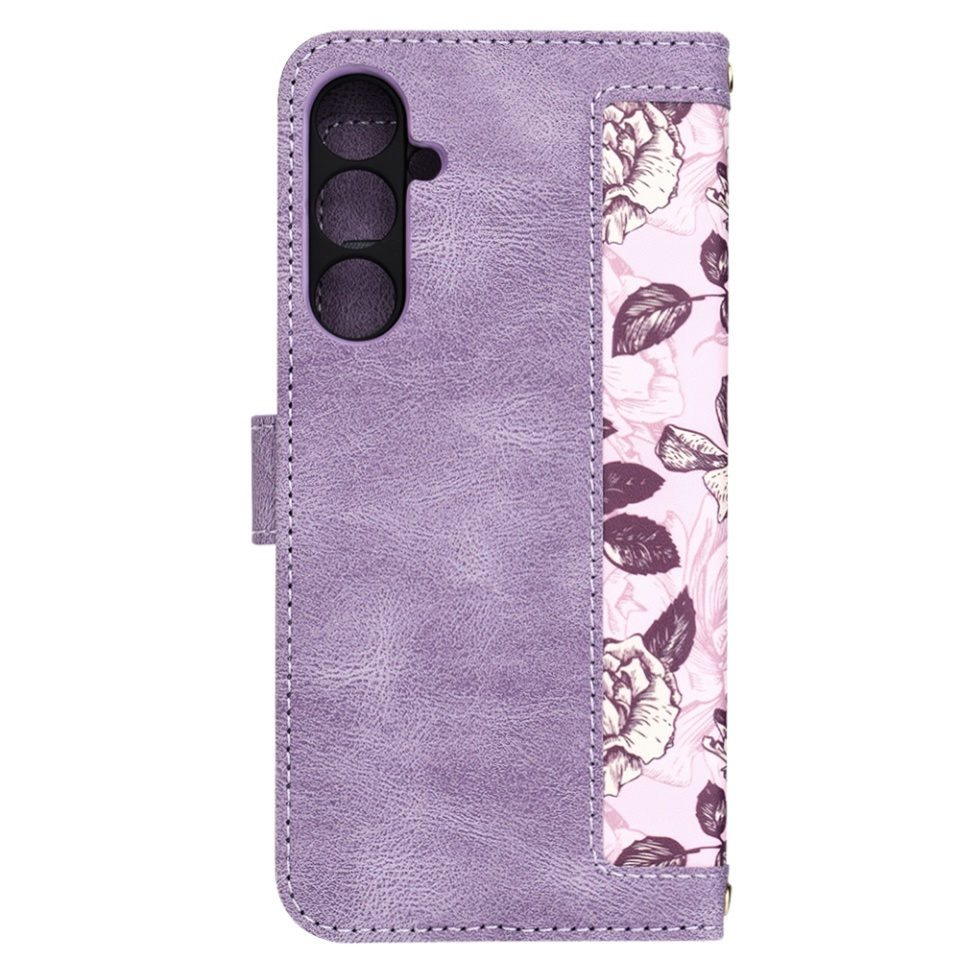 Husa pentru Samsung Galaxy S23 FE din Piele Ecologică cu Design Floral, Protecție 360°, Stand Integrat, Buzunare pentru Carduri, SKDR Floral Wallet - Mov - 3 | YEO