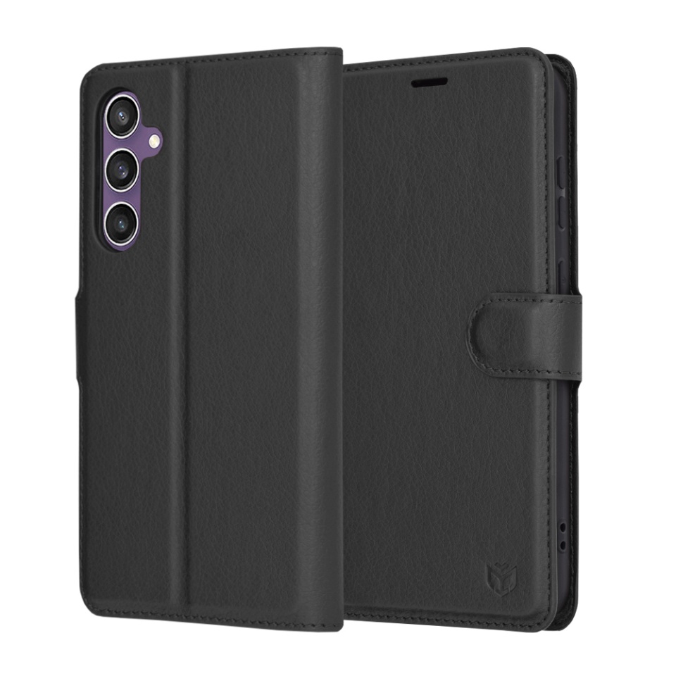 Husa pentru Samsung Galaxy S23 FE, SKYDDAR INNOVATION, Leather Folio tip Carte, cu Portofel Interior, Finisaje Premium, set cu sticker, Negru