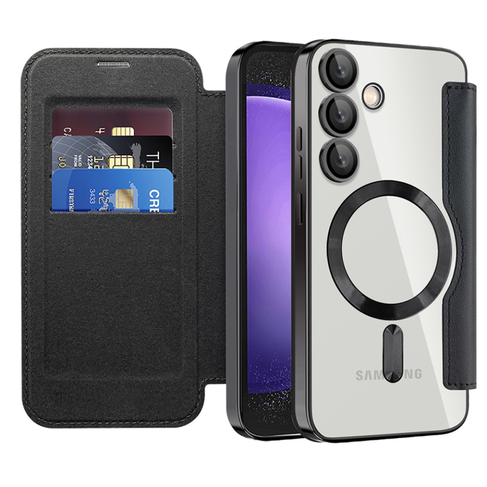Husa pentru Samsung Galaxy S23 FE tip carte, SKYDDAR INOVATION, SmartMag Book, Magsafe, RFiD, Suport Carduri, set cu sticker, Negru