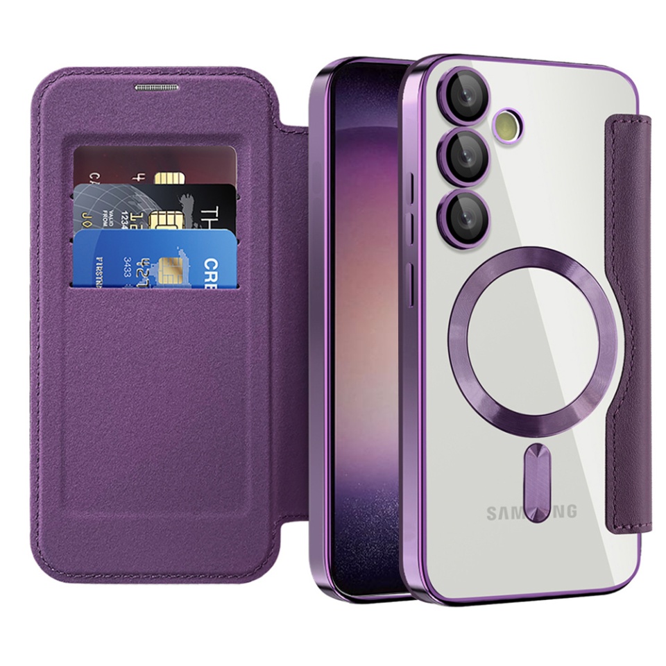 Husa pentru Samsung Galaxy S23 Plus tip carte, SKYDDAR INOVATION, SmartMag Book, Magsafe, RFiD, Suport Carduri, set cu sticker, Mov