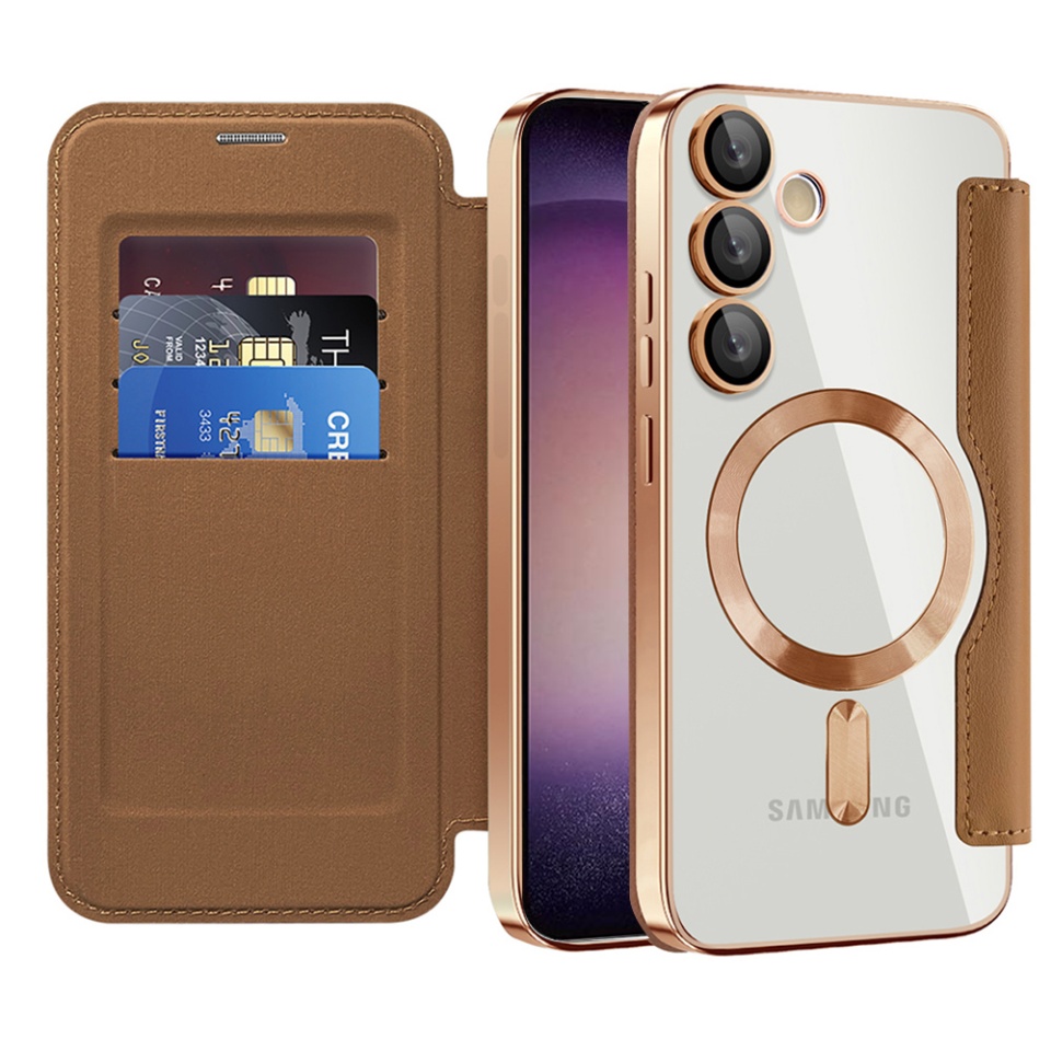 Husa pentru Samsung Galaxy S23 Plus tip carte, SKYDDAR INOVATION, SmartMag Book, Magsafe, RFiD, Suport Carduri, set cu sticker, Maro