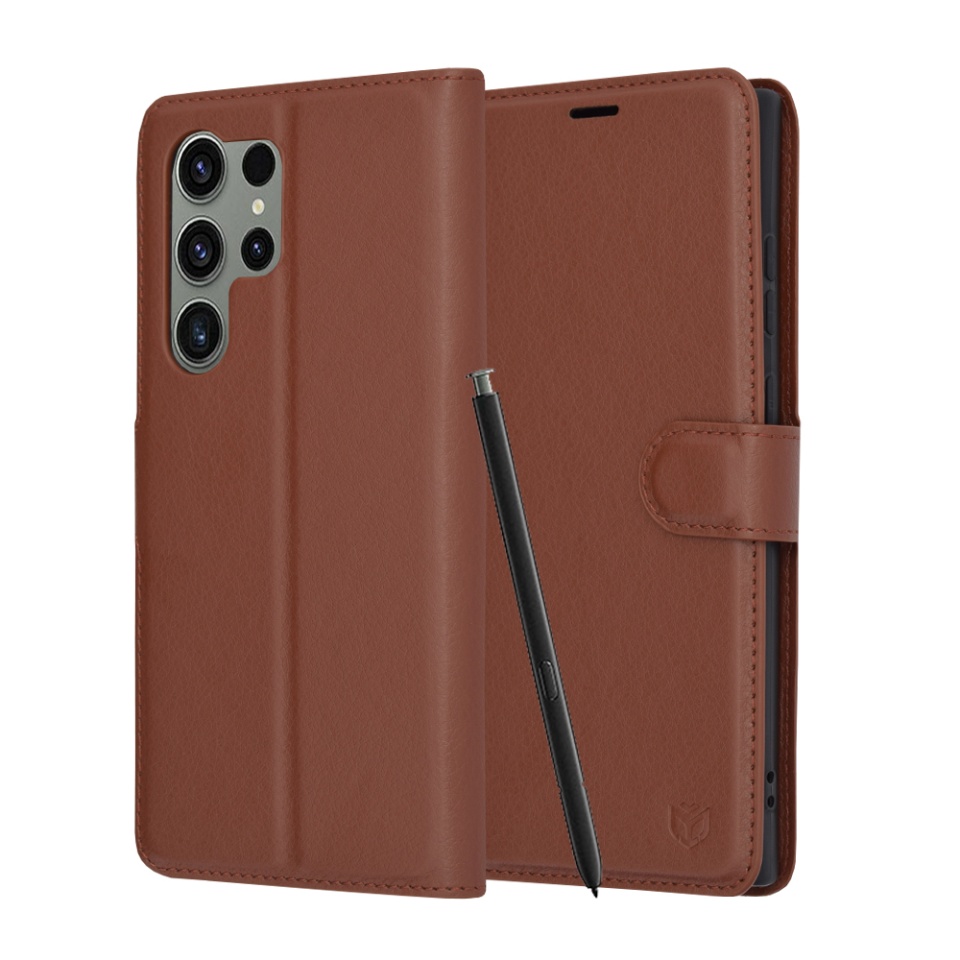 Husa pentru Samsung Galaxy S23 Ultra, SKYDDAR INNOVATION, Leather Folio tip Carte, cu Portofel Interior, Finisaje Premium, set cu sticker, Maro
