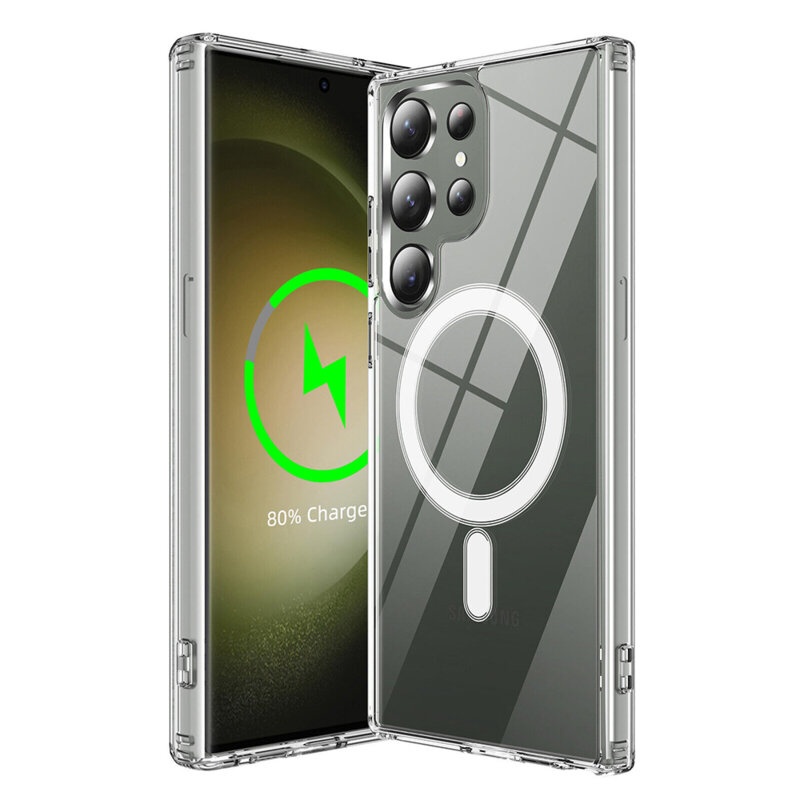 Husa pentru Samsung Galaxy S23 Ultra, SKYDDAR INNOVATION, Shockproof MagSafe, Transparenta, set cu sticker