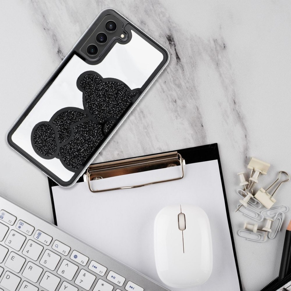 Husa pentru Samsung Galaxy S24 FE, SKYDDAR INNOVATION, TEDDY BEAR, din Silicon cu Sclipici, Protectie Completa, Negru, set cu sticker - 3 | YEO