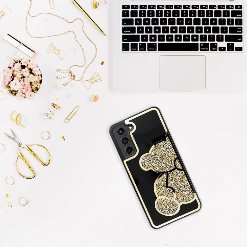 Husa pentru Samsung Galaxy S24 FE, SKYDDAR INNOVATION, TEDDY BEAR, din Silicon cu Sclipici, Protectie Completa, Auriu, set cu sticker - 3 | YEO