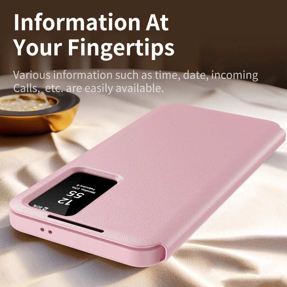 Husa pentru Samsung Galaxy S24 FE tip carte, Skyddar, cu portofel si SmartView, Premium, set cu sticker, Roz - 3 | YEO