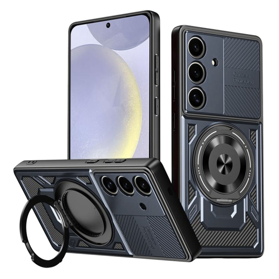 Husa pentru Samsung Galaxy S24 / Galaxy S25, SKYDDAR INNOVATION, RuggedCam, Inel magnetic antisoc, set cu sticker, Albastru