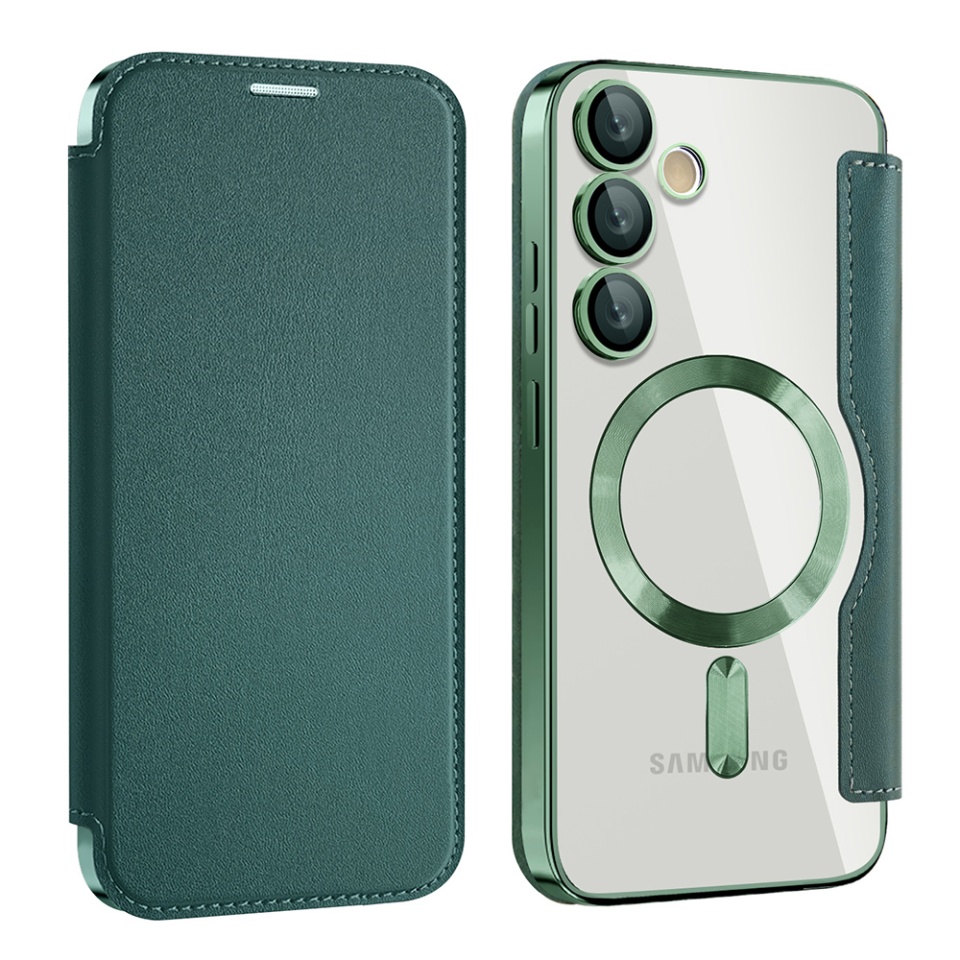 Husa pentru Samsung Galaxy S24 Plus tip carte, SKYDDAR INOVATION, SmartMag Book, Magsafe, RFiD, Suport Carduri, set cu sticker, Verde - 1 | YEO