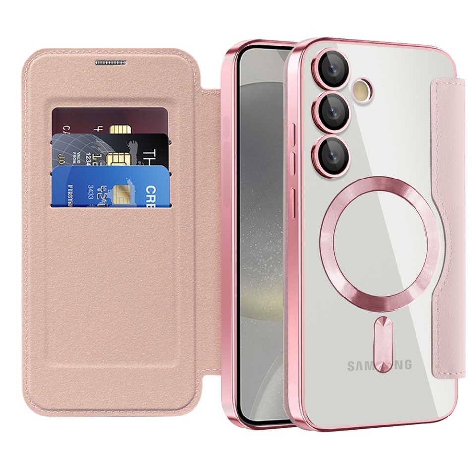 Husa pentru Samsung Galaxy S24 tip carte, SKYDDAR INOVATION, SmartMag Book, Magsafe, RFiD, Suport Carduri, set cu sticker, Roz