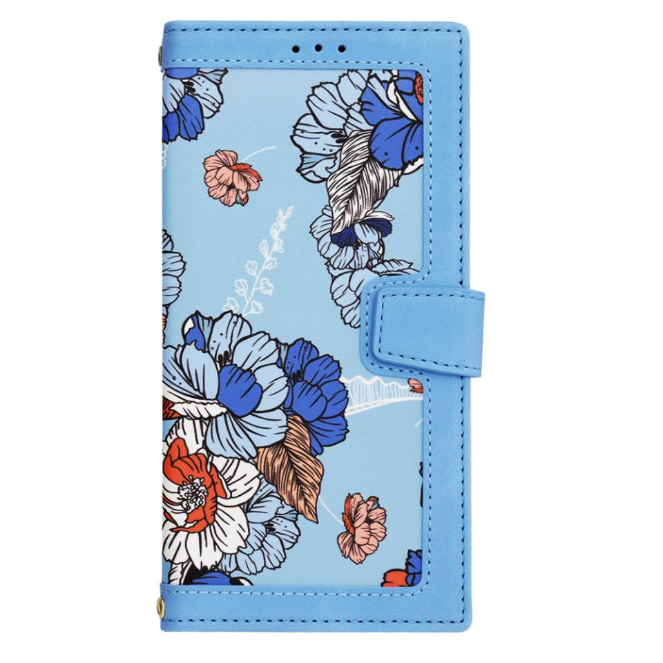 Husa pentru Samsung Galaxy S24 Ultra din Piele Ecologică cu Design Floral, Protecție 360°, Stand Integrat, Buzunare pentru Carduri, SKDR Floral Wallet - Bleu - 2 | YEO