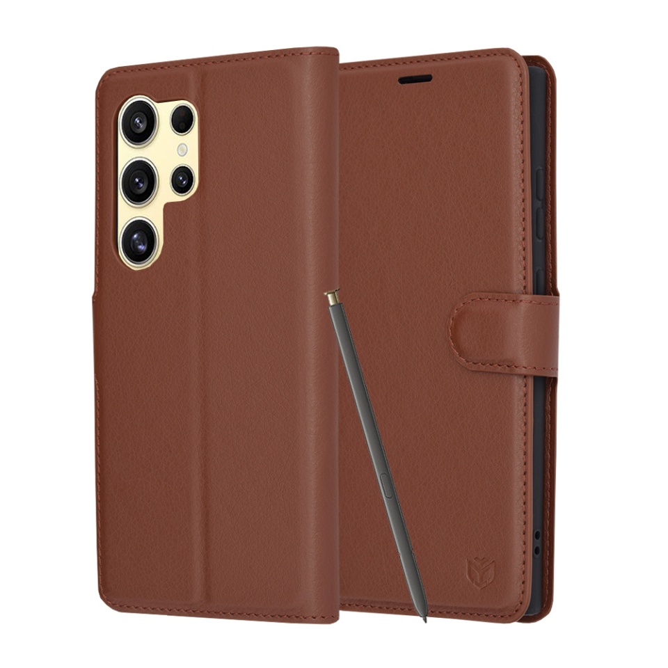 Husa pentru Samsung Galaxy S24 Ultra, SKYDDAR INNOVATION, Leather Folio tip Carte, cu Portofel Interior, Finisaje Premium, set cu sticker, Maro