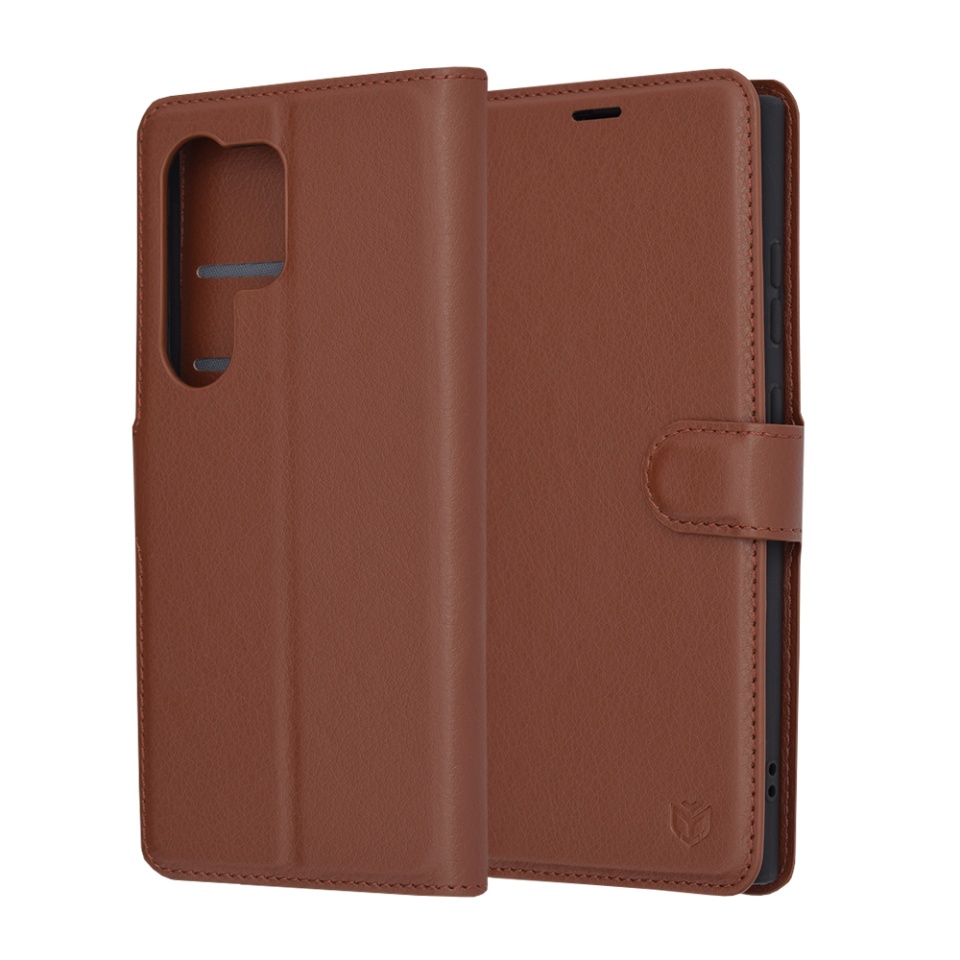 Husa pentru Samsung Galaxy S24 Ultra tip Carte, cu Portofel Interior, Finisaje Premium, SKYDDAR Leather Wallet - Maro