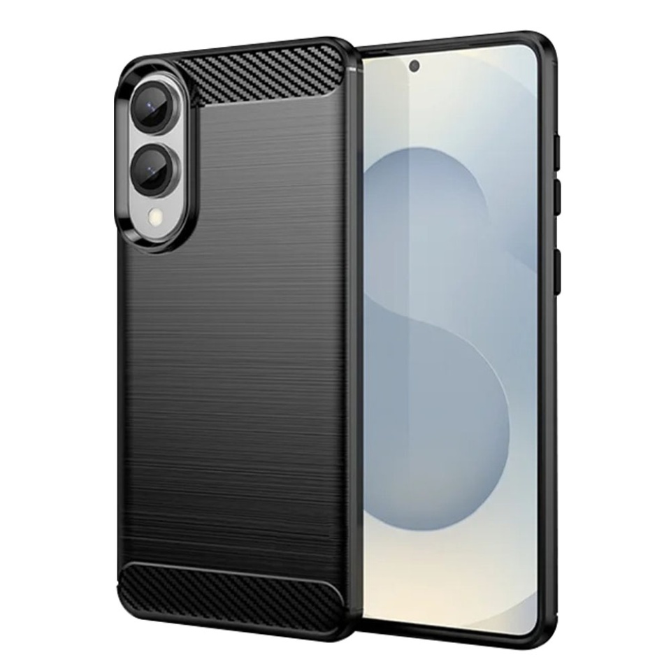 Husa pentru Samsung Galaxy S25 Edge, SKYDDAR INNOVATION, Carbon Silicone, din Silicon Premium, Slim, cu textura Fibra Carbon, Negru, set cu sticker