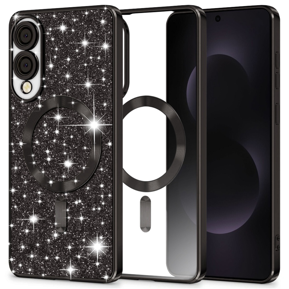 Husa pentru Samsung Galaxy S25 Edge, SKYDDAR INNOVATION, Luxury Glitter Magsafe, Antisoc, Fundal Detasabil 2-in-1, Protectie Superioara, Margini Ridicate, Negru, set cu sticker