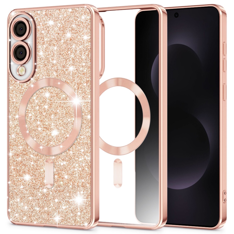 Husa pentru Samsung Galaxy S25 Edge, SKYDDAR INNOVATION, Luxury Glitter Magsafe, Antisoc, Fundal Detasabil 2-in-1, Protectie Superioara, Margini Ridicate, Roz auriu, set cu sticker