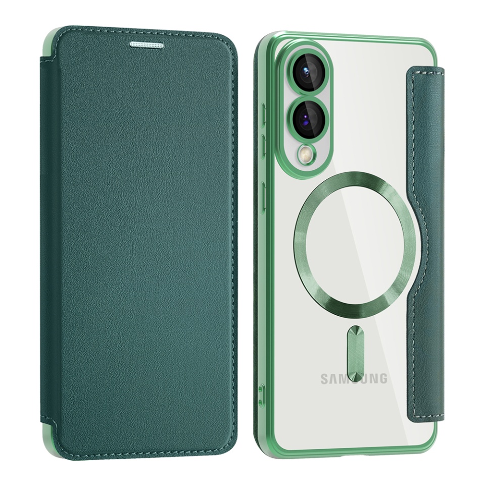 Husa pentru Samsung Galaxy S25 Edge tip carte, SKYDDAR INOVATION, SmartMag Book, Magsafe, RFiD, Suport Carduri, set cu sticker, Verde - 1 | YEO