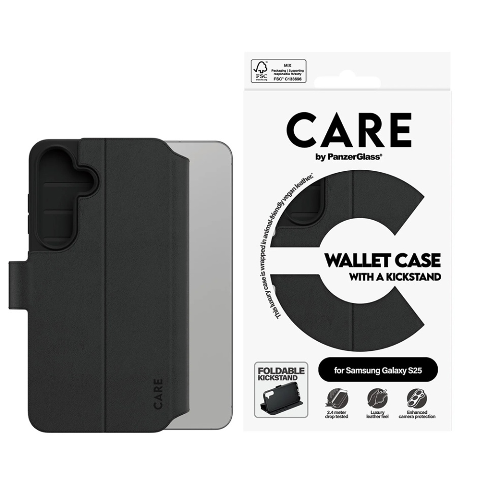 Husa pentru Samsung Galaxy S25, PanzerGlass, CARE Feature Kickstand Wallet Case, Tip Carte cu Inchidere Magnetica, Suport Stand si Slot Card Protectie 360°, Testata la Socuri, Negru - 3 | YEO