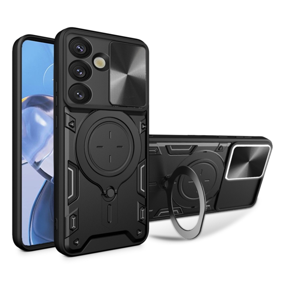 Husa pentru Samsung Galaxy S25 Plus, cu inel magnetic si suport ajustabil, protectie completa camera, SKDR SafeCover - Negru
