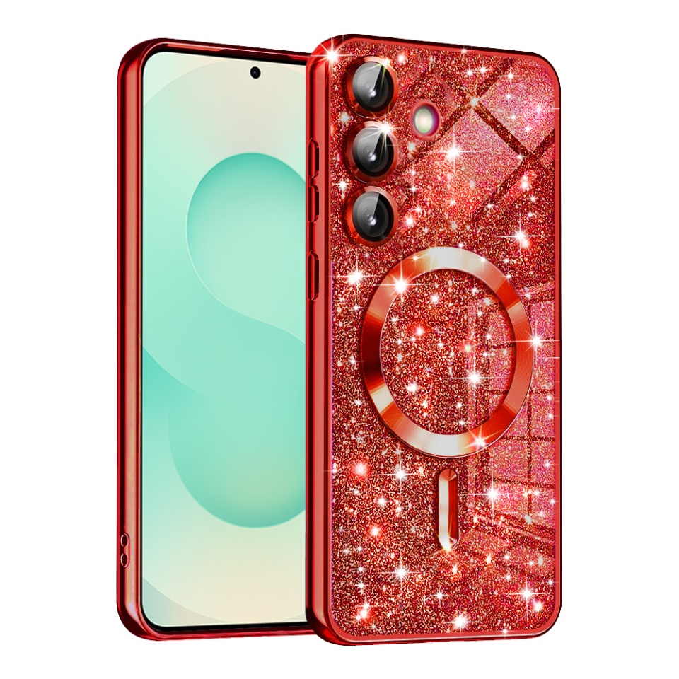 Husa pentru Samsung Galaxy S25 Plus, SKYDDAR INNOVATION, Luxury Glitter Magsafe, Antisoc, Fundal Detasabil 2-in-1, Margini Ridicate, set cu sticker, Rosu