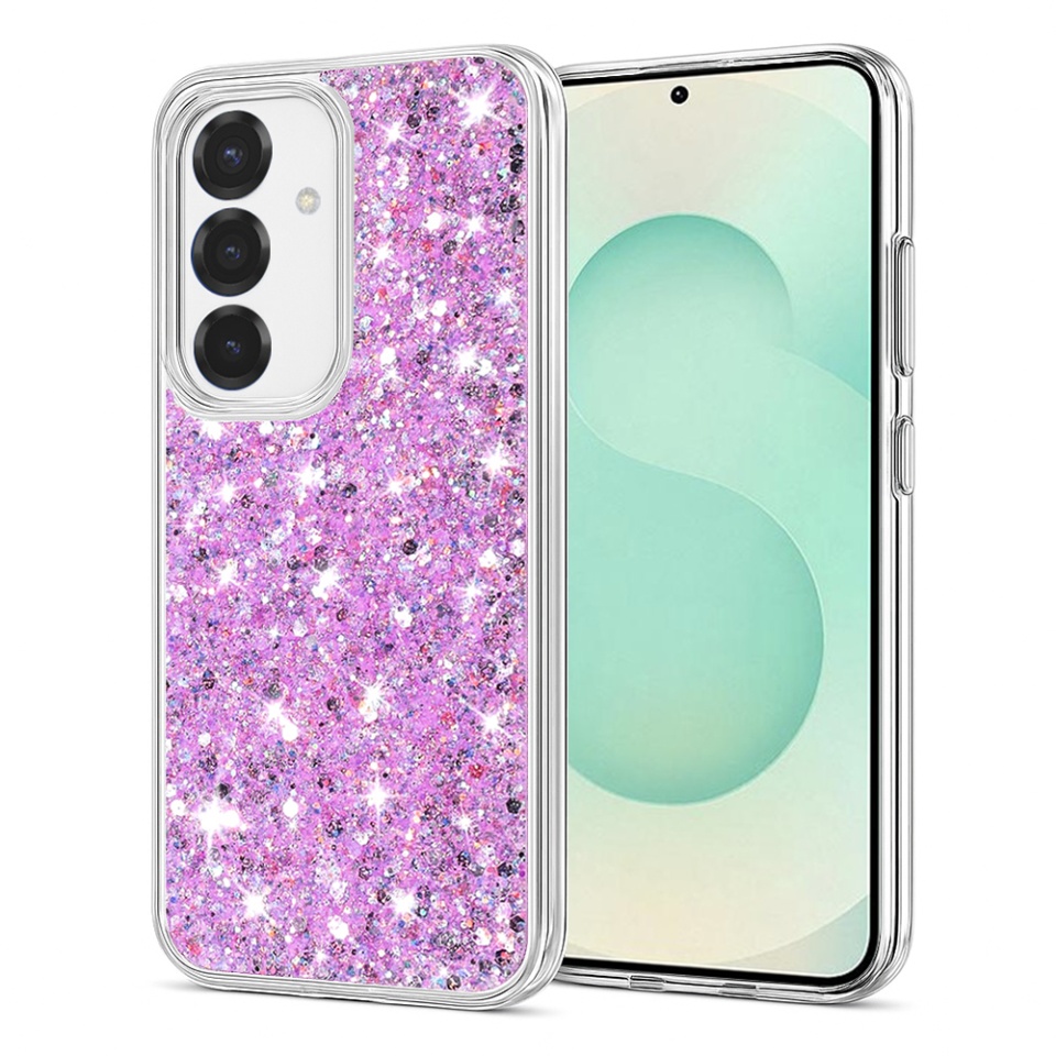 Husa pentru Samsung Galaxy S25 Plus, SKYDDAR INNOVATION, SparkleCase, din Silicon cu Sclipici, Protectie Completa, Magenta, set cu sticker
