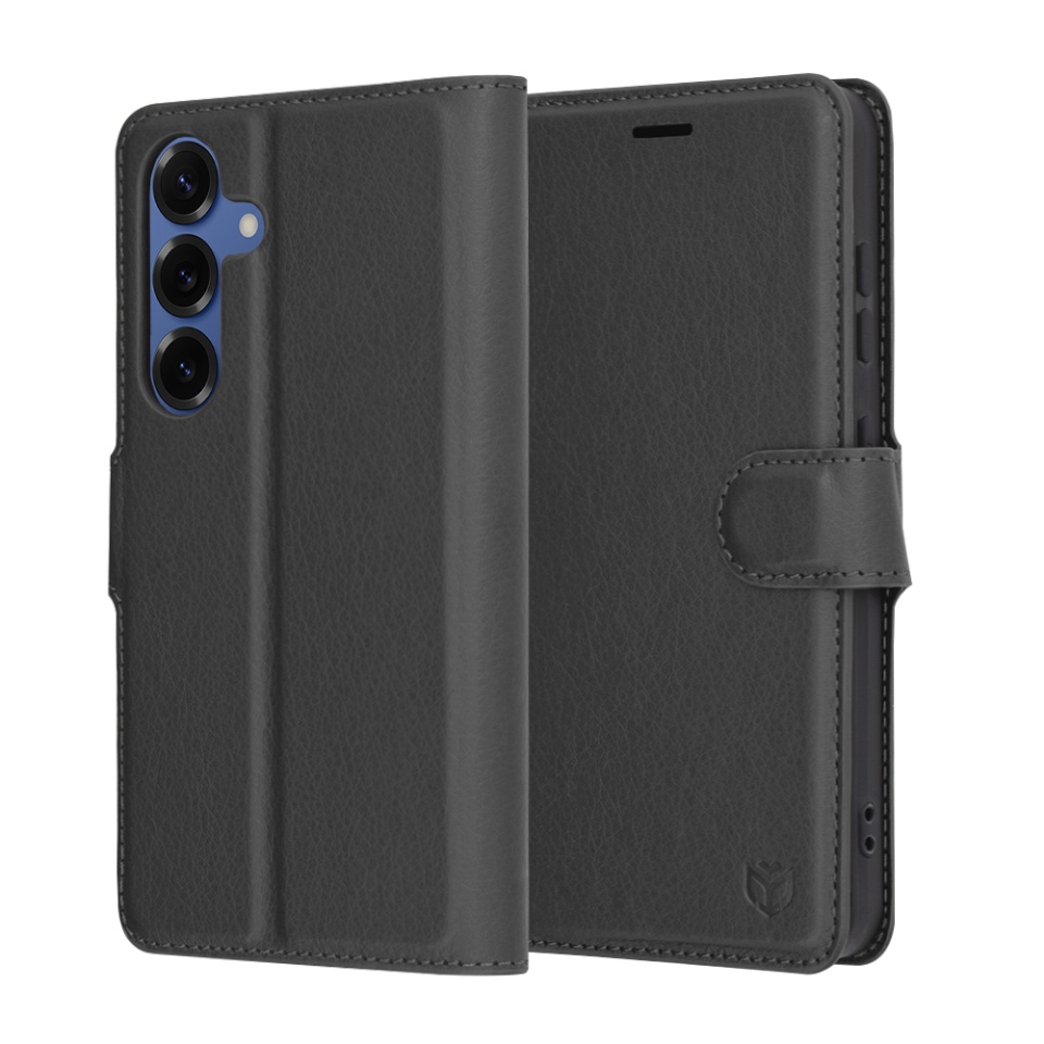 Husa pentru Samsung Galaxy S25, SKYDDAR INNOVATION, Leather Folio tip Carte, cu Portofel Interior, Finisaje Premium, set cu sticker, Negru