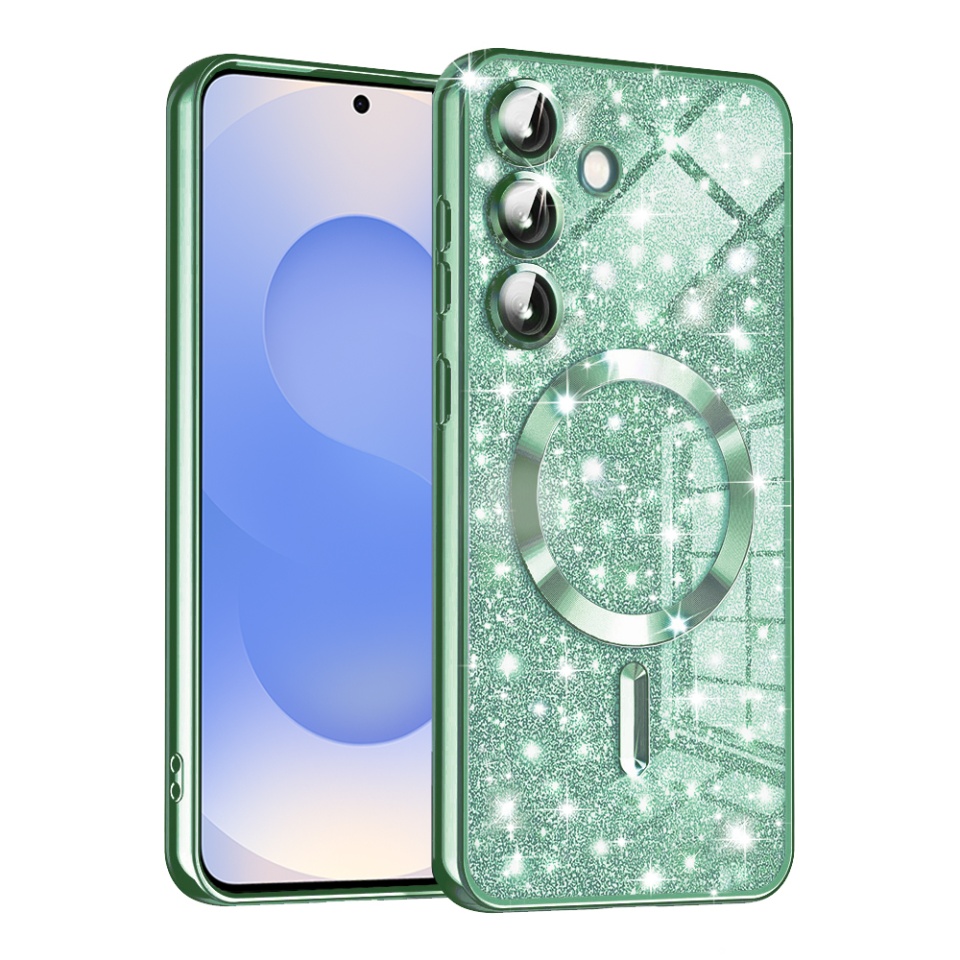 Husa pentru Samsung Galaxy S25, SKYDDAR INNOVATION, Luxury Glitter Magsafe, Antisoc, Fundal Detasabil 2-in-1, Margini Ridicate, set cu sticker, Verde deschis