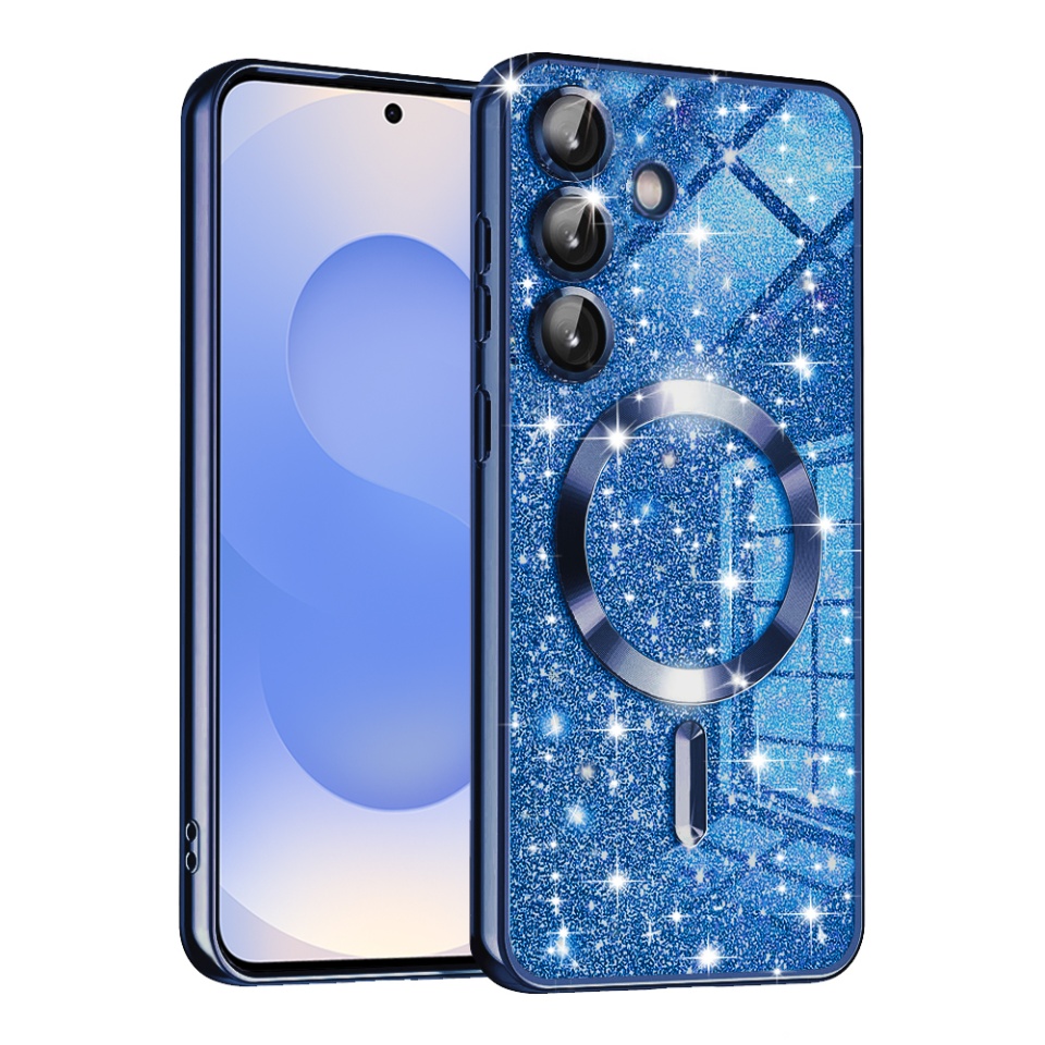 Husa pentru Samsung Galaxy S25, SKYDDAR INNOVATION, Luxury Glitter Magsafe, Antisoc, Fundal Detasabil 2-in-1, Margini Ridicate, set cu sticker, Albastru