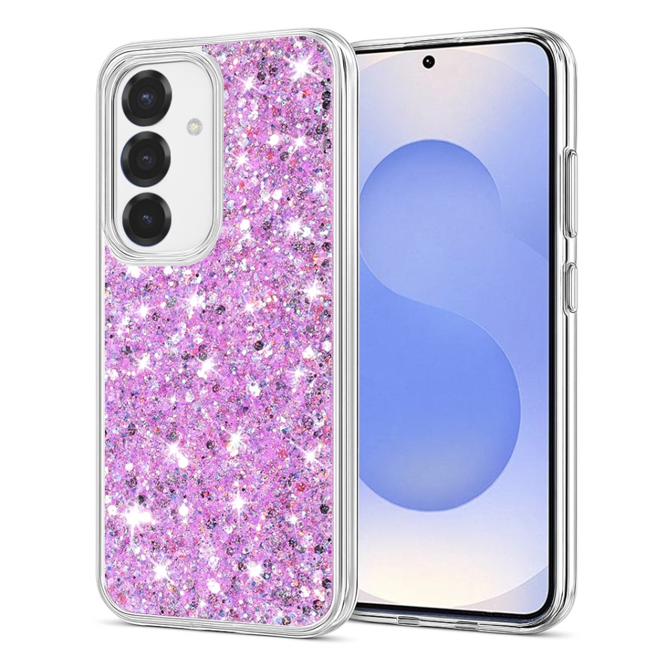 Husa pentru Samsung Galaxy S25, SKYDDAR INNOVATION, SparkleCase, din Silicon cu Sclipici, Protectie Completa, Magenta, set cu sticker