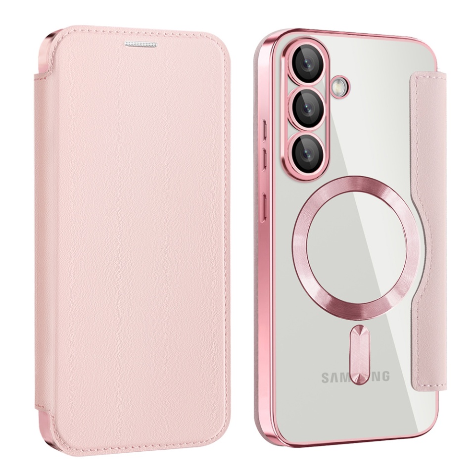 Husa pentru Samsung Galaxy S25 tip carte, SKYDDAR INOVATION, SmartMag Book, Magsafe, RFiD, Suport Carduri, set cu sticker, Roz - 1 | YEO