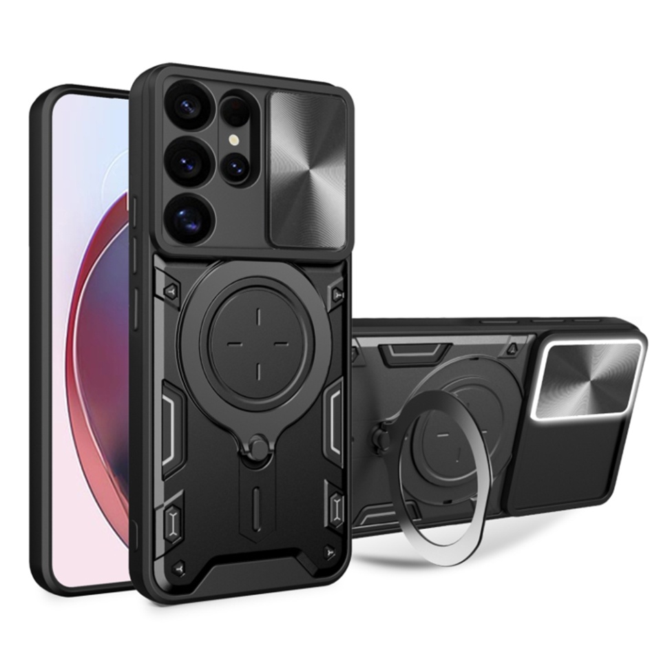 Husa pentru Samsung Galaxy S25 Ultra, cu inel magnetic si suport ajustabil, protectie completa camera, SKDR SafeCover - Negru