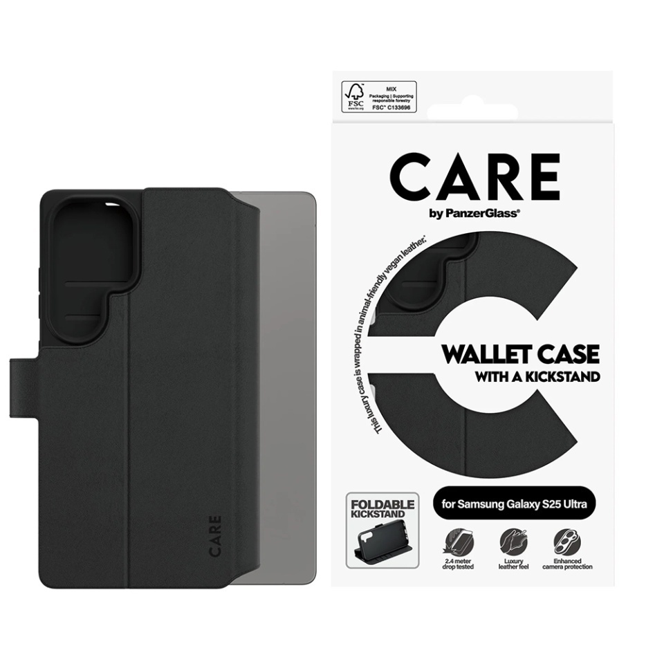 Husa pentru Samsung Galaxy S25 Ultra, PanzerGlass, CARE Feature Kickstand Wallet Case, Tip Carte cu Inchidere Magnetica, Suport Stand si Slot Card Protectie 360°, Testata la Socuri, Negru - 3 | YEO