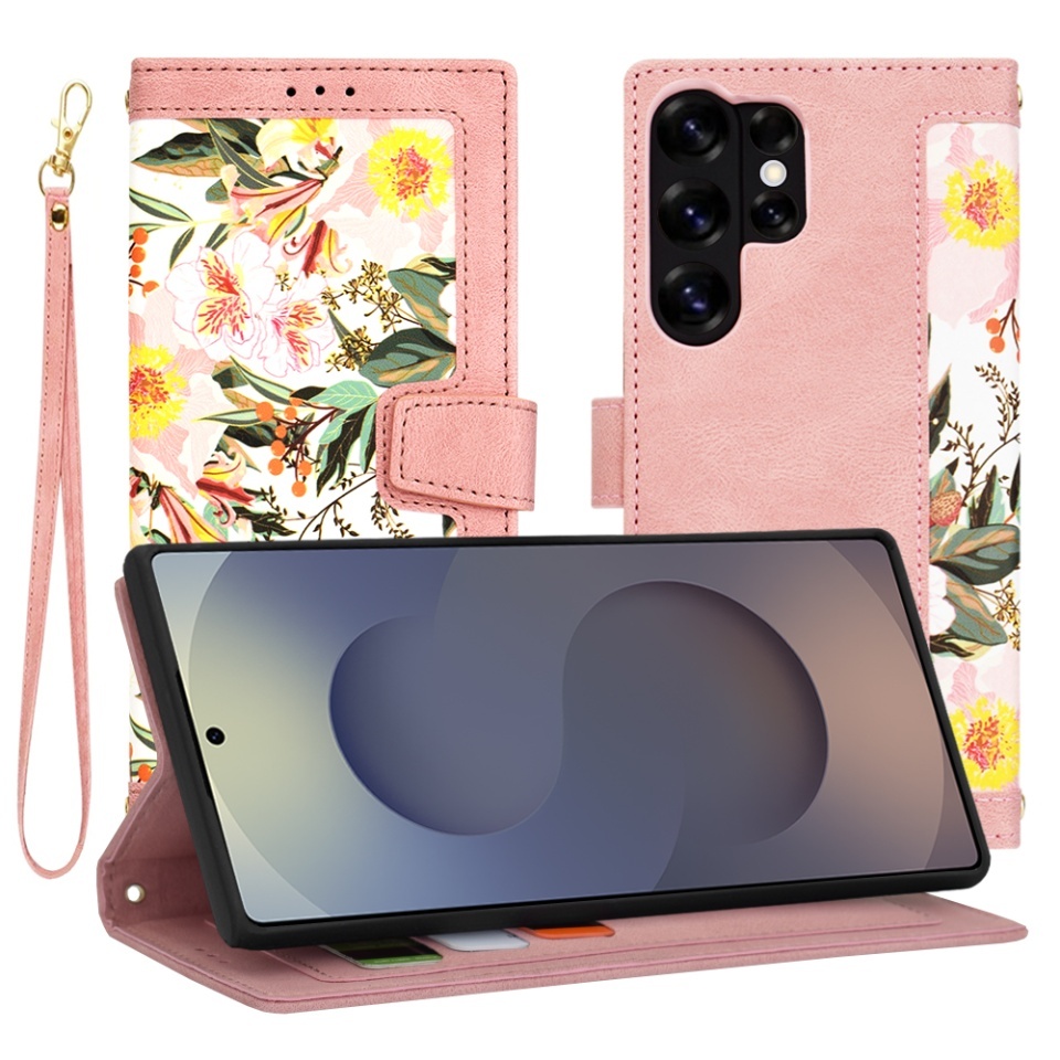 Husa pentru Samsung Galaxy S25 Ultra, SKYDDAR INNOVATION, Flipcraft din Piele Ecologică, Stand Integrat, Buzunare pentru Carduri, set cu sticker, Roz