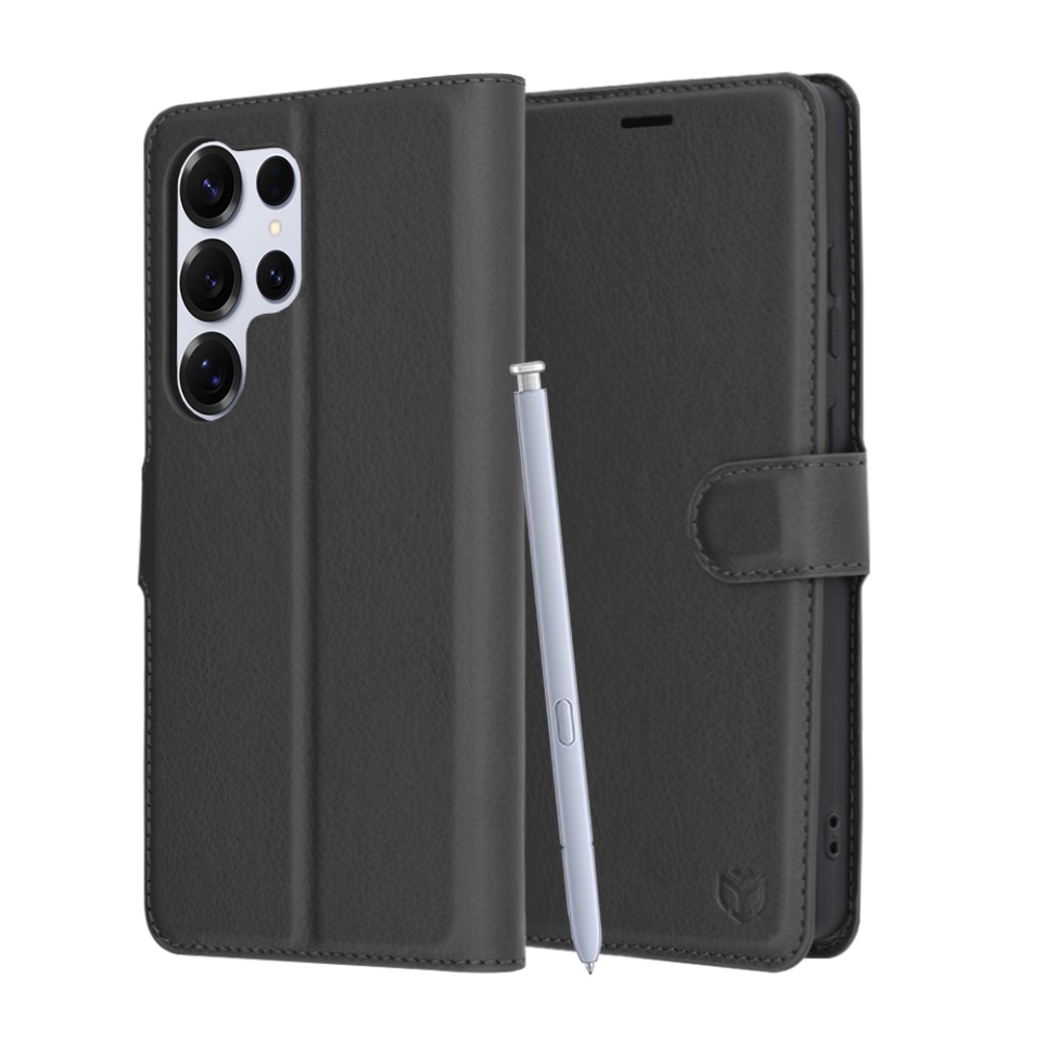 Husa pentru Samsung Galaxy S25 Ultra, SKYDDAR INNOVATION, Leather Folio tip Carte, cu Portofel Interior, Finisaje Premium, set cu sticker, Negru