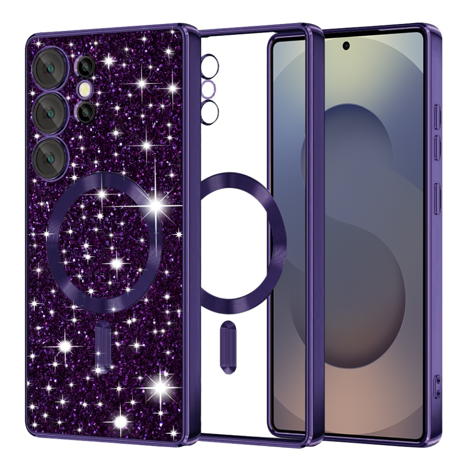 Husa pentru Samsung Galaxy S25 Ultra, SKYDDAR INNOVATION, Luxury Glitter Magsafe, Antisoc, Fundal Detasabil 2-in-1, Margini Ridicate, set cu sticker, Mov