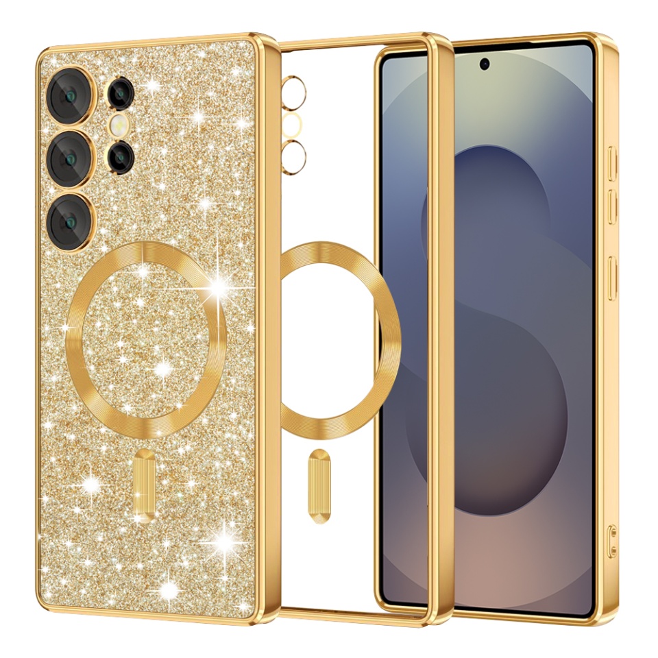 Husa pentru Samsung Galaxy S25 Ultra, SKYDDAR INNOVATION, Luxury Glitter Magsafe, Antisoc, Fundal Detasabil 2-in-1, Margini Ridicate, set cu sticker, Auriu