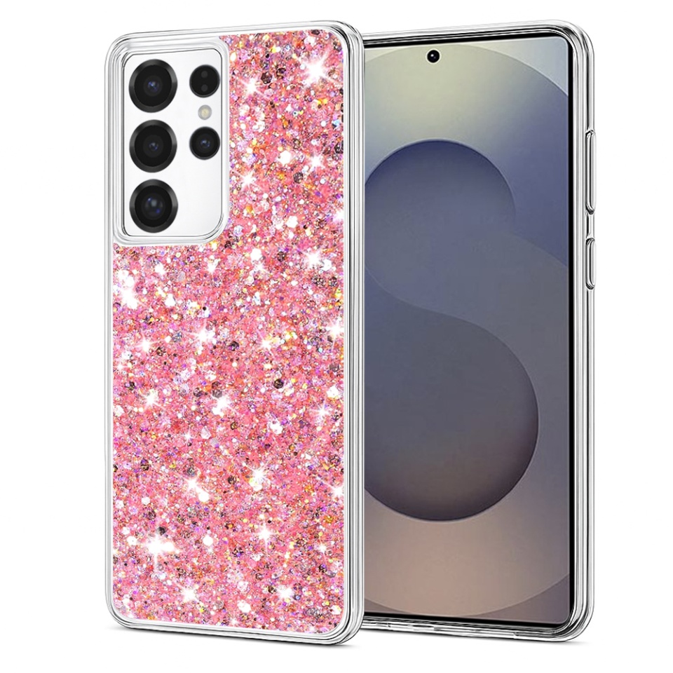 Husa pentru Samsung Galaxy S25 Ultra, SKYDDAR INNOVATION, SparkleCase, din Silicon cu Sclipici, Protectie Completa, Roz, set cu sticker