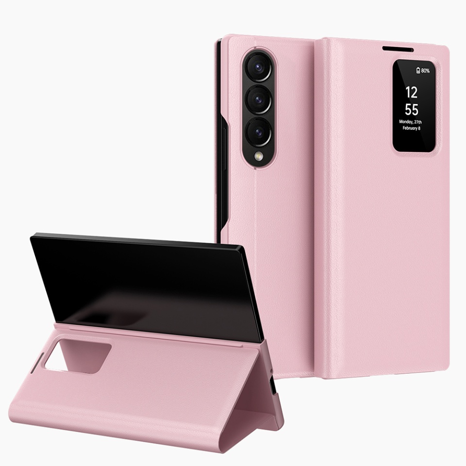 Husa pentru Samsung Galaxy Z Fold4 tip carte, Skyddar, cu portofel si SmartView, Premium, set cu sticker, Roz - 1 | YEO