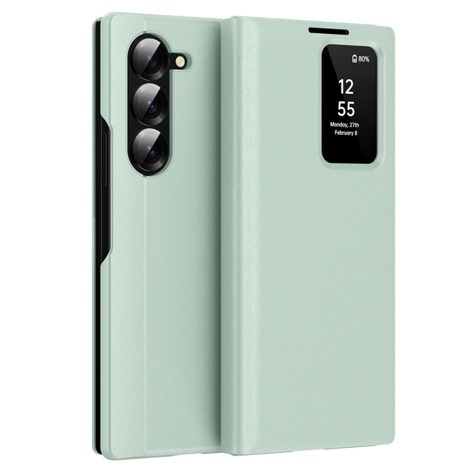 Husa pentru Samsung Galaxy Z Fold5 tip carte, Skyddar, cu portofel si SmartView, Premium, set cu sticker, Verde