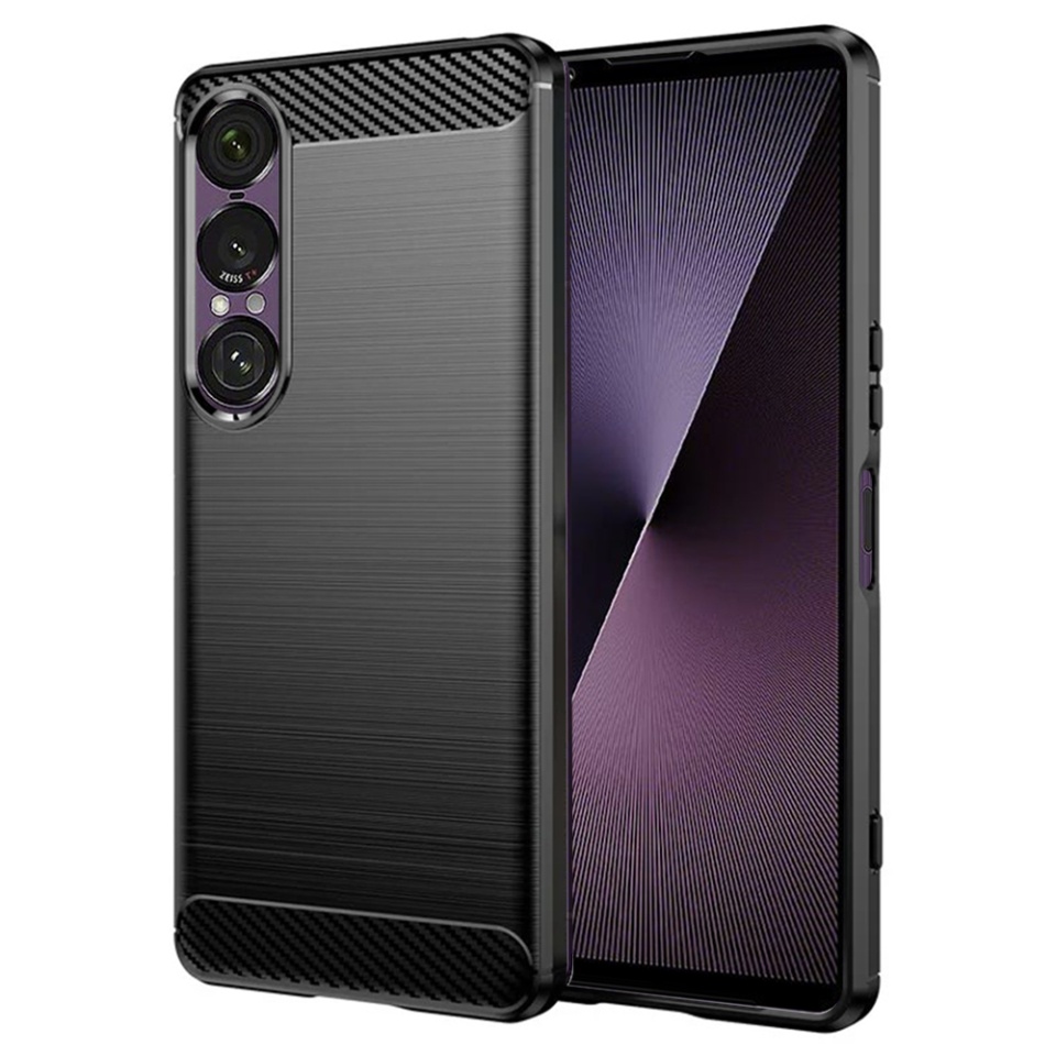 Husa pentru Sony Xperia 1 VII, SKYDDAR INNOVATION, Carbon Silicone, din Silicon Slim, cu textura Fibra Carbon, set cu sticker, Negru