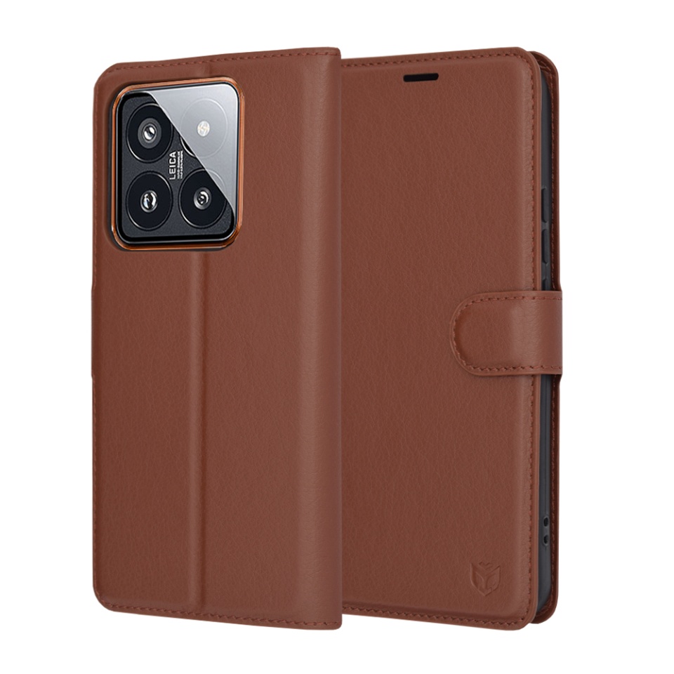Husa pentru Xiaomi 14 Pro, SKYDDAR INNOVATION, Leather Folio tip Carte, cu Portofel Interior, Finisaje Premium, set cu sticker, Maro