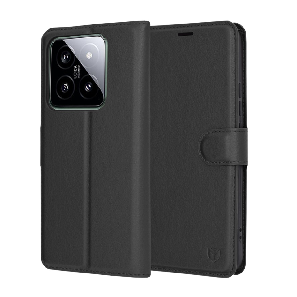 Husa pentru Xiaomi 14, SKYDDAR INNOVATION, Leather Folio tip Carte, cu Portofel Interior, Finisaje Premium, set cu sticker, Negru