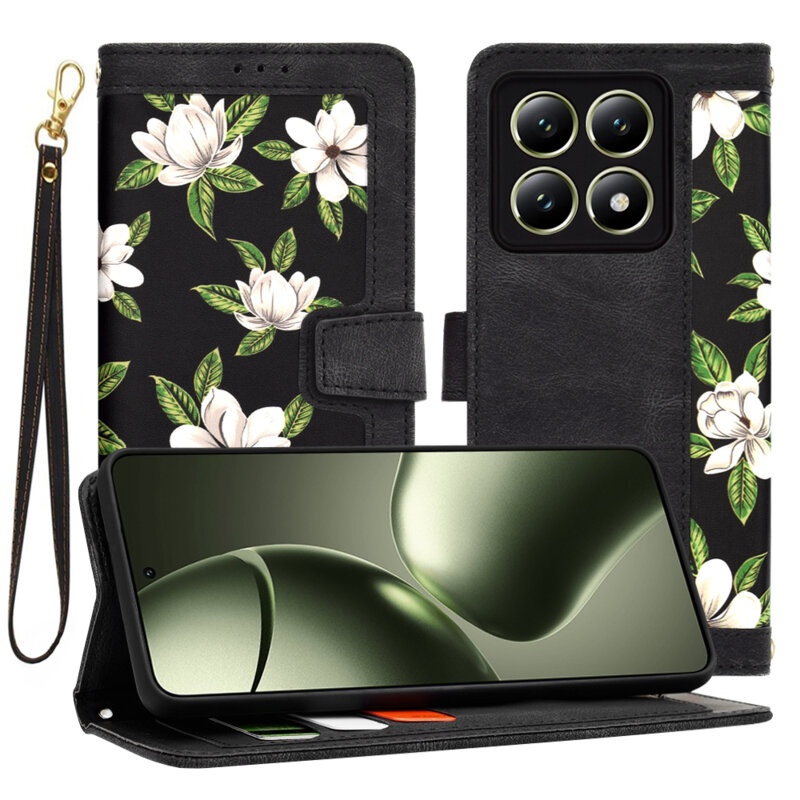Husa pentru Xiaomi 14T din Piele Ecologică cu Design Floral, Protecție 360°, Stand Integrat, Buzunare pentru Carduri, SKDR Floral Wallet - Negru