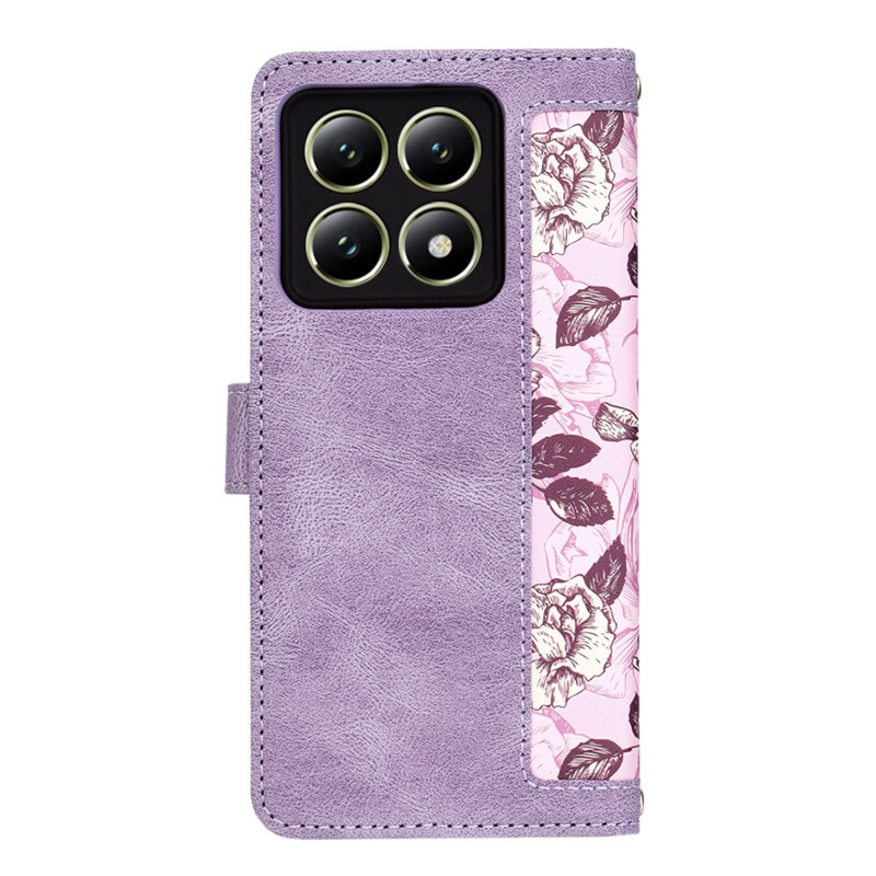Husa pentru Xiaomi 14T din Piele Ecologică cu Design Floral, Protecție 360°, Stand Integrat, Buzunare pentru Carduri, SKDR Floral Wallet - Mov - 2 | YEO
