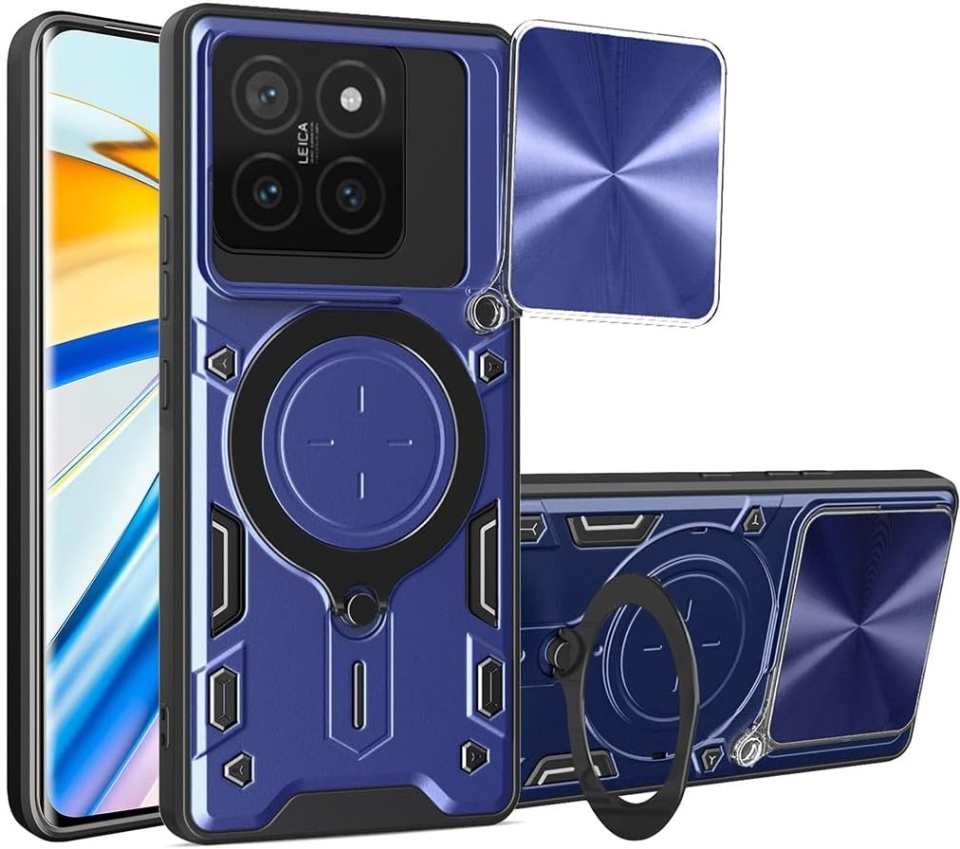 Husa pentru Xiaomi 14T Pro, cu inel magnetic si suport ajustabil, protectie completa camera, SKDR SafeCover - Albastru