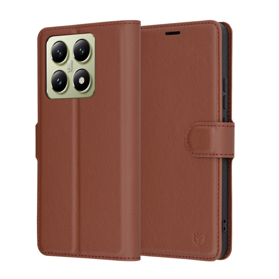 Husa pentru Xiaomi 14T, SKYDDAR INNOVATION, Leather Folio tip Carte, cu Portofel Interior, Finisaje Premium, set cu sticker, Maro