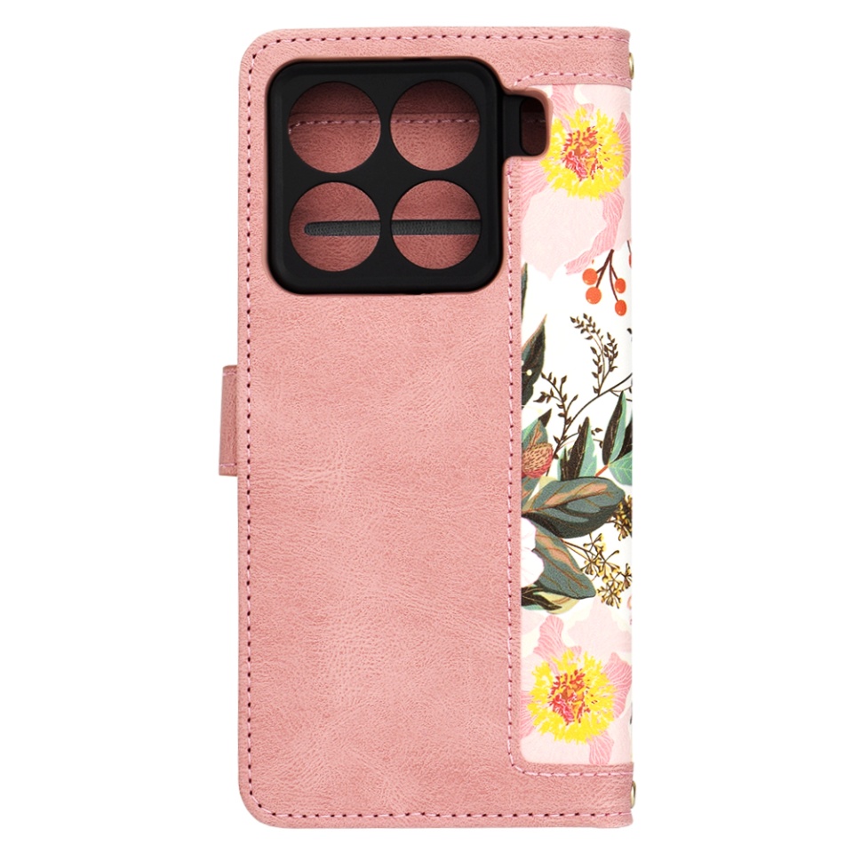 Husa pentru Xiaomi 15 Pro din Piele Ecologică cu Design Floral, Protecție 360°, Stand Integrat, Buzunare pentru Carduri, SKDR Floral Wallet - Roz - 3 | YEO